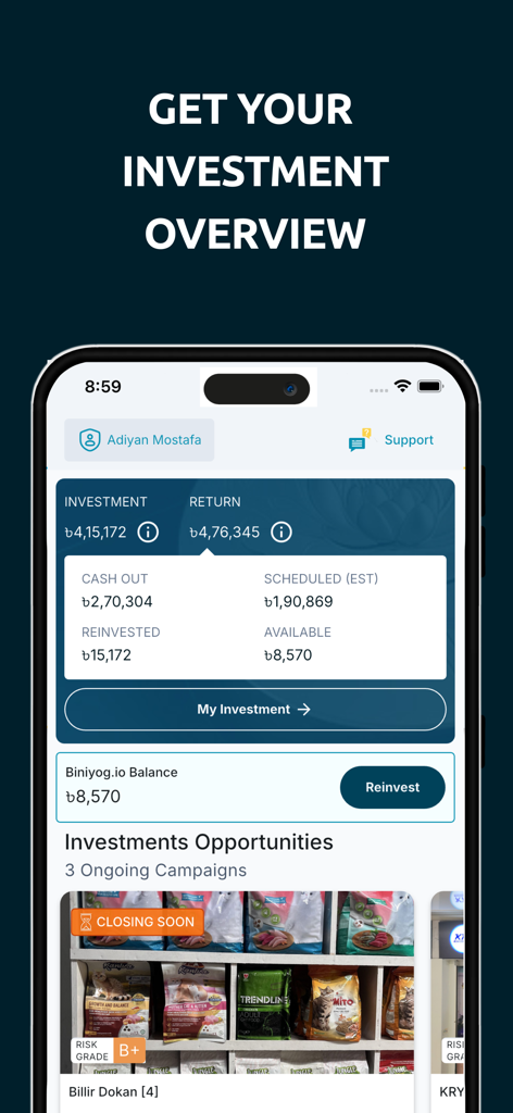 biniyog.io - Dashboard of biniyog.io app showing a summary of halal investments and ongoing business opportunities in Bangladesh.