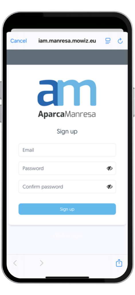 Aparca Manresa - Signup screen for the Aparca Manresa mobile parking app