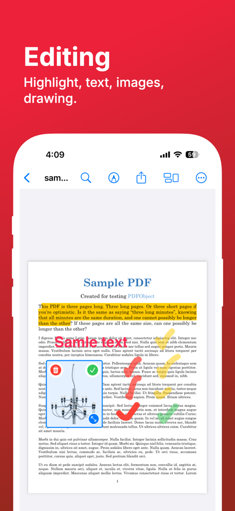 PDF Reader Pro: Scan & Sign - Smartphone screen demonstrating PDF editing tools including highlighting, text overlay, and image insertion.