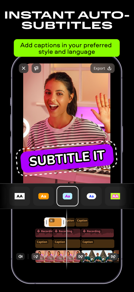 Interfaccia dell'app editor video Movavi che mostra la funzione di sottotitoli automatici istantanei con vari stili di didascalia