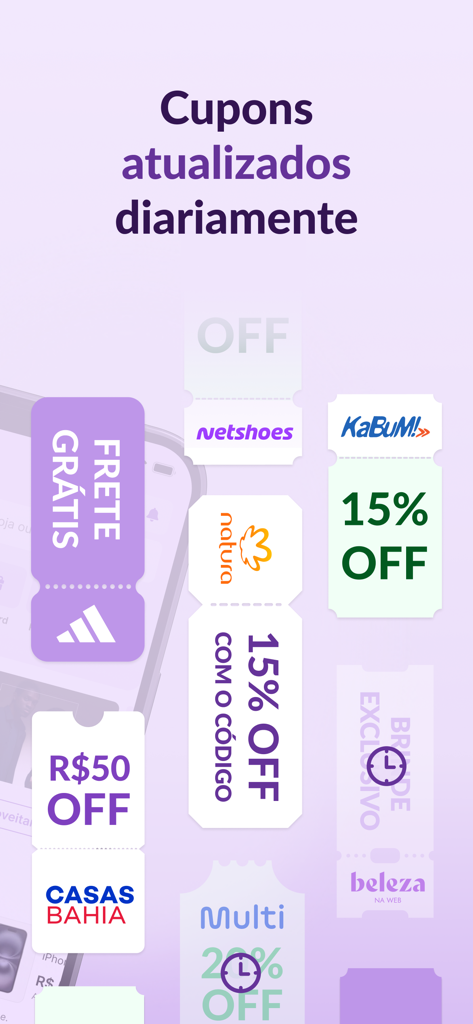 Cuponomia: Cupons e Cashback - Cuponomia app screen displaying daily updated discount coupons for retailers like Adidas, Natura, and Casas Bahia