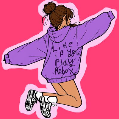 realistic girl jumping with a bun and oversized sweatshirt