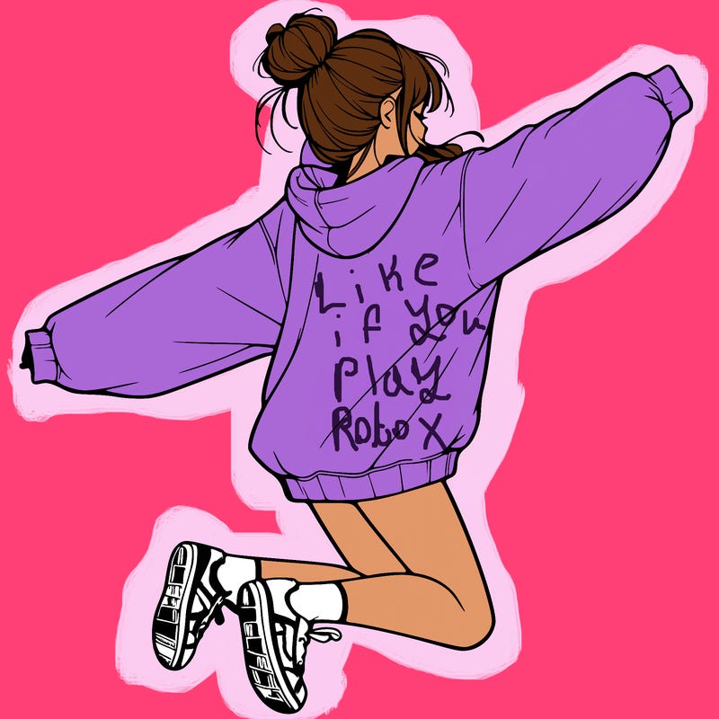 realistic girl jumping with a bun and oversized sweatshirt