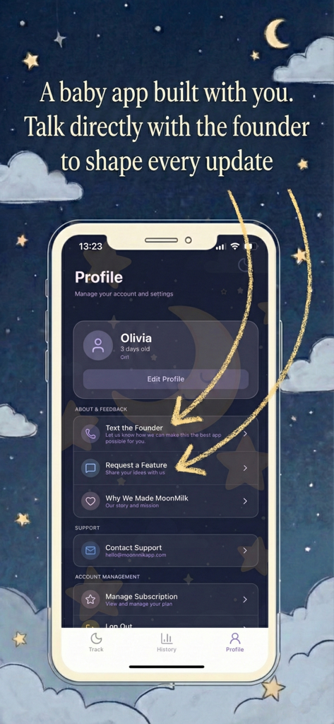 MoonMilk - Newborn Baby Log - Pantalla de perfil de la aplicación MoonMilk con opciones para enviar un mensaje de texto al fundador y solicitar funciones.