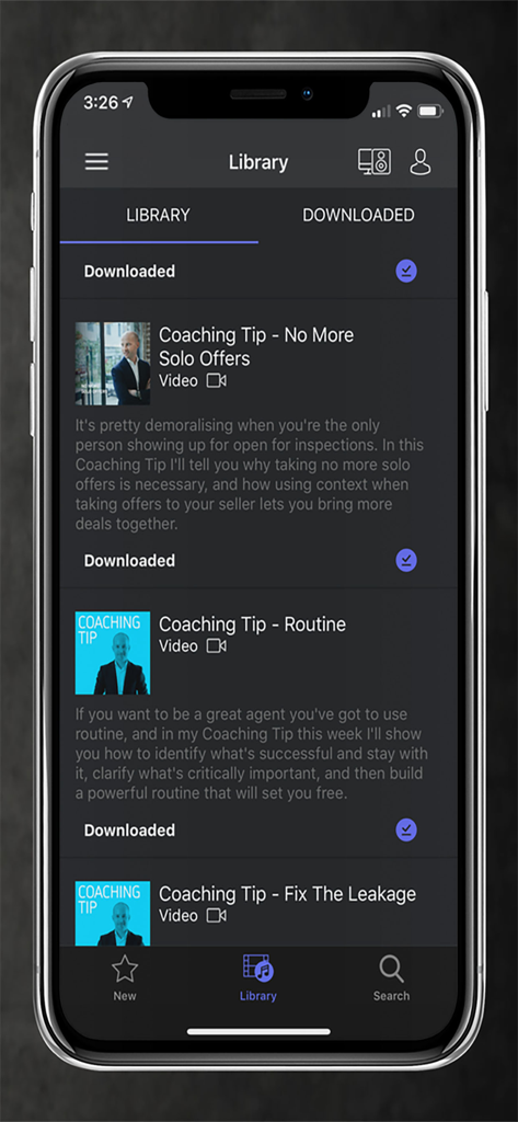 The library screen of the Josh Phegan Digital app displaying downloaded real estate coaching videos.