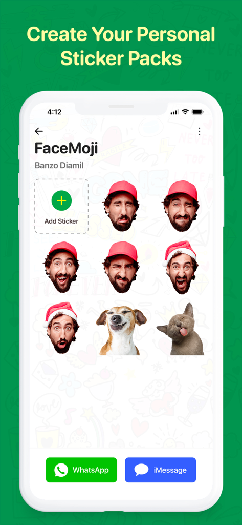 WaSticker - Sticker Maker - Interface of the WaSticker app showing a custom sticker pack with expressive human and pet faces for WhatsApp and iMessage.