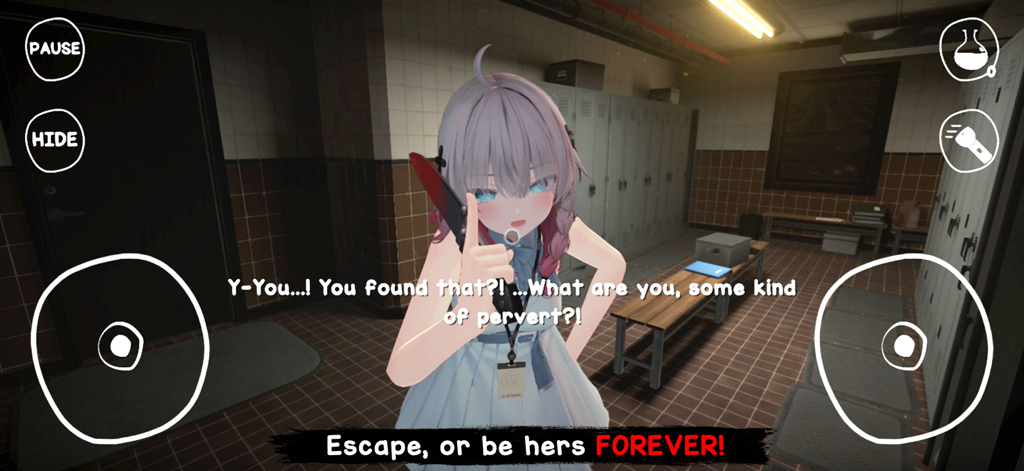 Yandere Horror Game - La chica de anime Mira sosteniendo un cuchillo en un vestuario del Juego de Terror Yandere