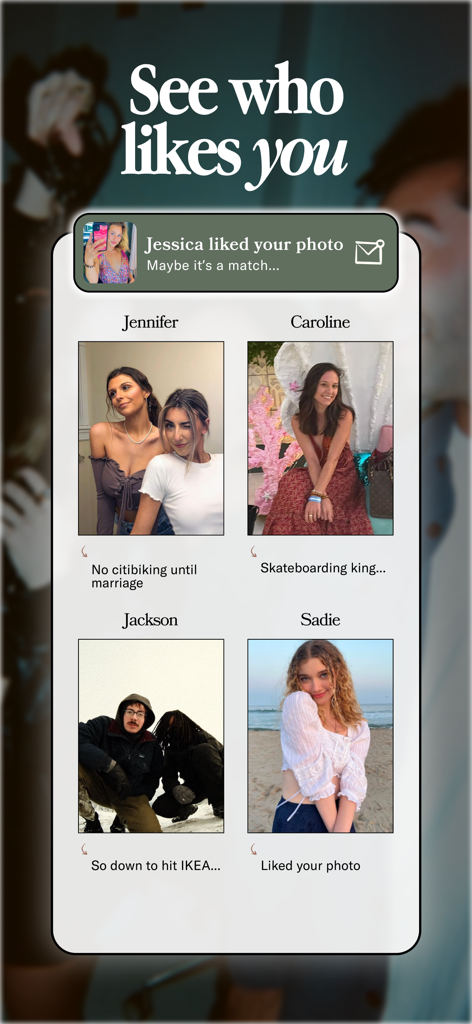 Cuffed dating app interface displaying profiles of members who liked your photo