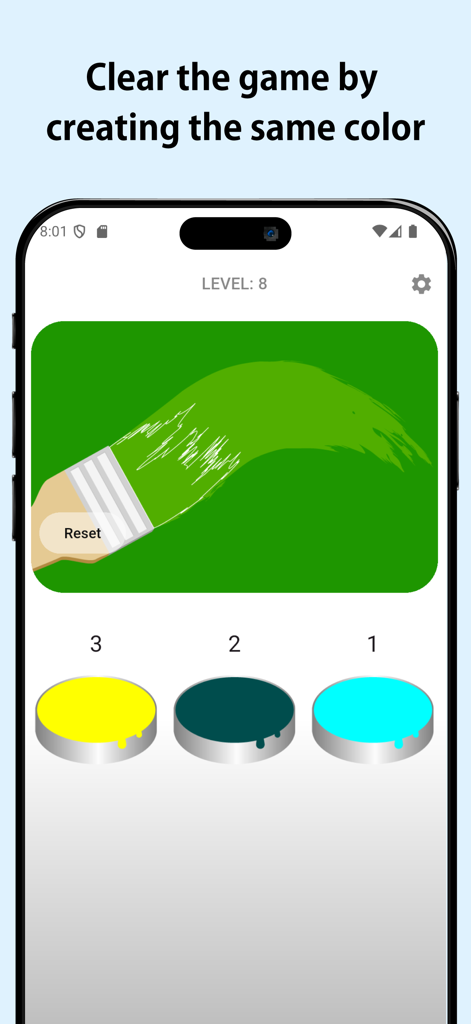 Mixing Colors Lab - 붓으로 색상 일치를 보여주는 Mixing Colors Lab의 게임 플레이 인터페이스.