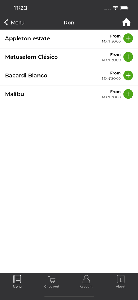 Freedom Arena mobile app screen showing a menu for rum drinks including Bacardi and Malibu with prices in MXN