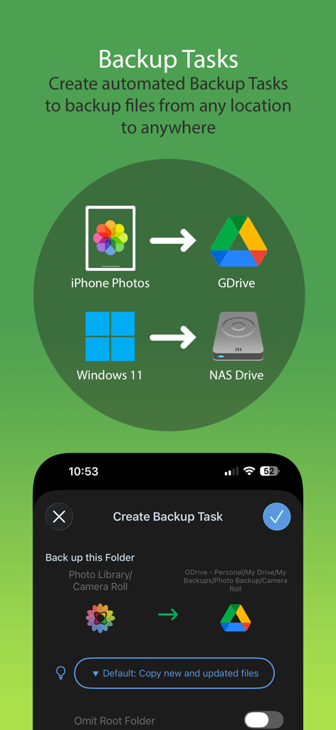 FileBrowser Professional interface showing automated backup tasks from mobile to cloud and NAS storage