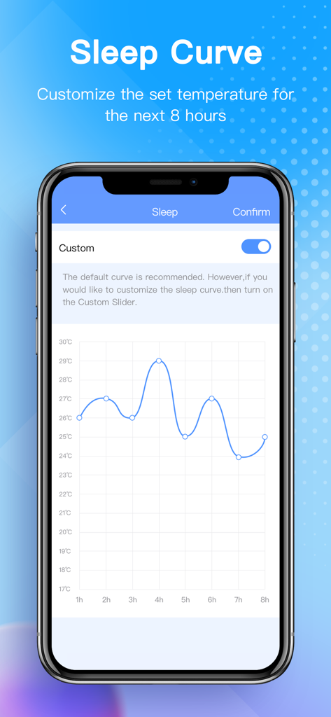 Interface de NetHome Plus montrant les réglages de température de la courbe de sommeil sur huit heures
