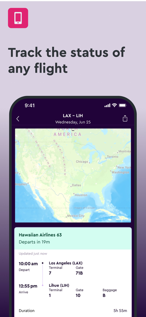 momondo: Flights, Hotels, Cars - 로스앤젤레스에서 리후에행 항공편의 지도 및 게이트 정보를 보여주는 실시간 항공편 상태 추적을 보여주는 momondo 모바일 앱 인터페이스.