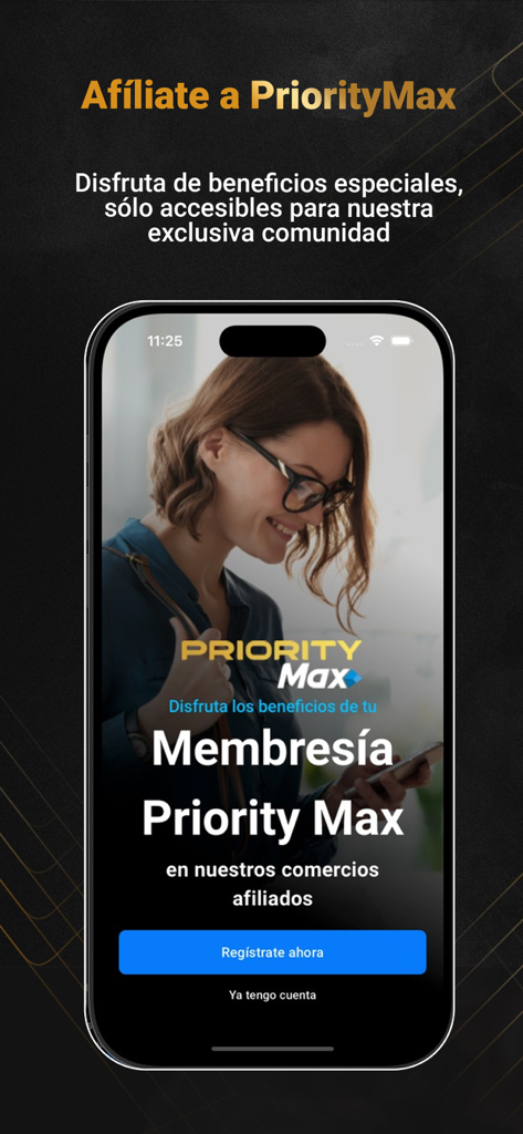 PriorityMax mobile app screen showing membership registration for exclusive community benefits