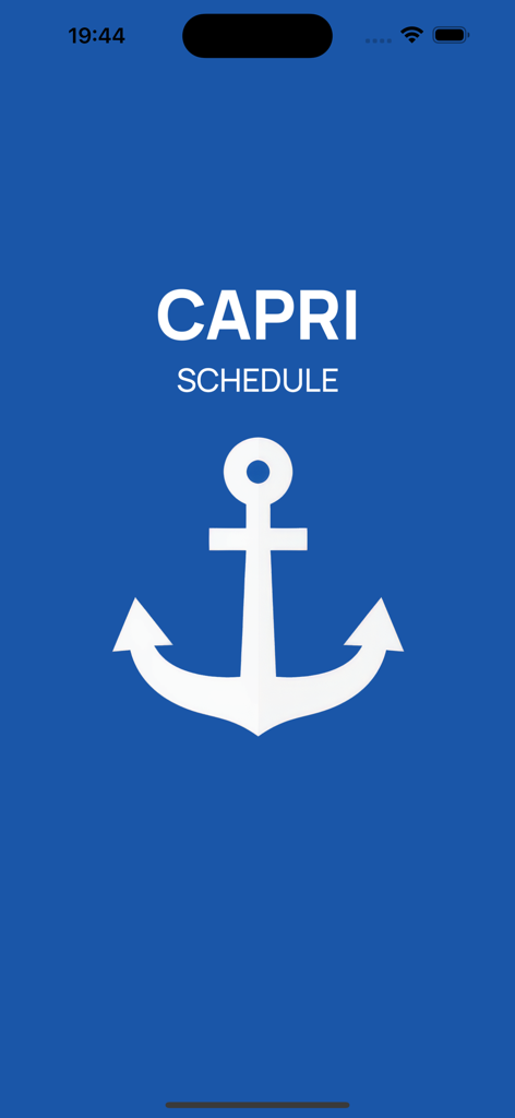 Capri Schedule - Capri Schedule app splash screen with a white anchor icon on a blue background