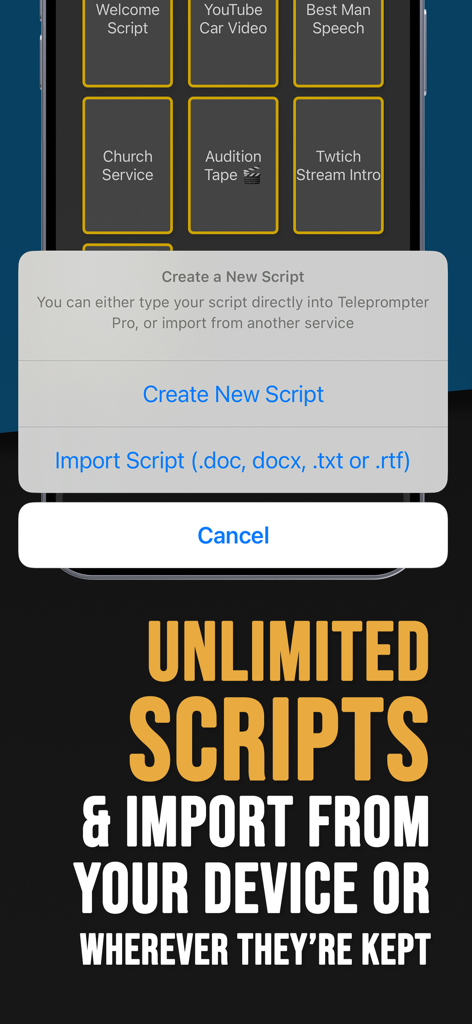 Menu de l'application Teleprompter pour créer et importer des scripts à partir de divers formats de fichiers.