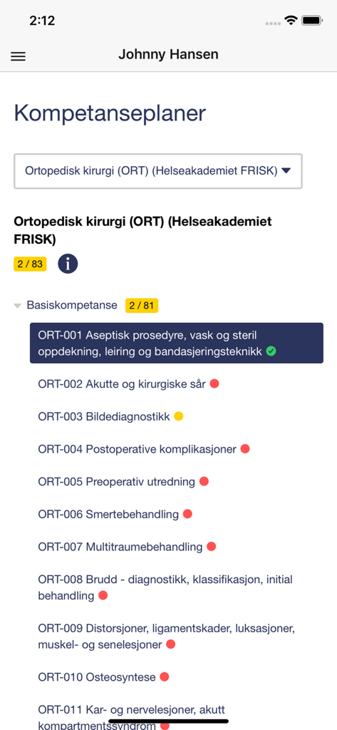Dossier Helse - Mobilbildschirm, der eine Liste von Lernzielen in der orthopädischen Chirurgie und den Erledigungsstatus für einen Medizinstudenten anzeigt.