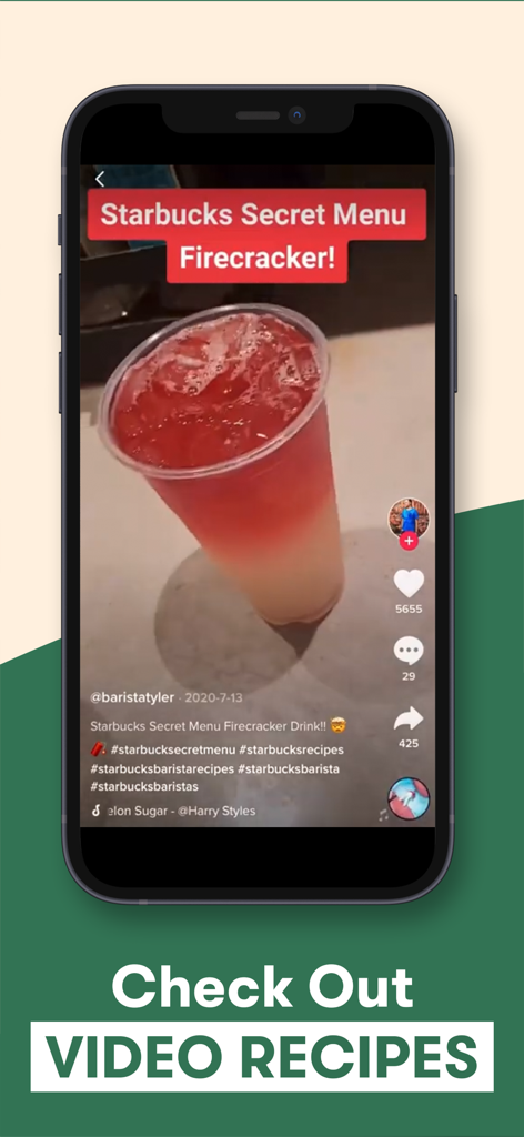 Starbucks-Inspired Secret Menu - Uno schermo di smartphone che mostra una ricetta video in stile TikTok per una bevanda segreta Firecracker di Starbucks.