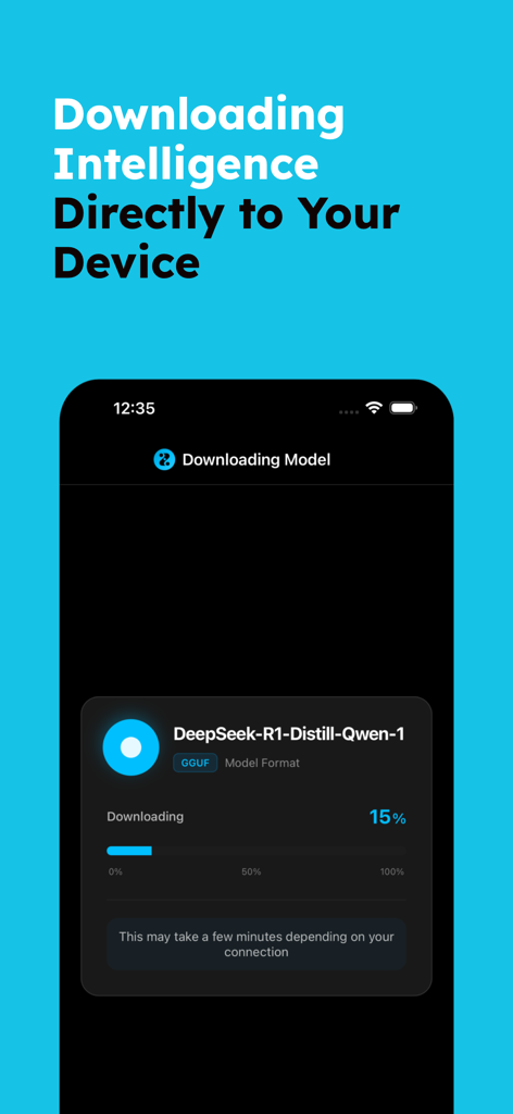 Zuno - Local & Private AI Chat - Interfaz de la aplicación Zuno mostrando el proceso de descarga de un modelo de IA directamente al dispositivo para chat offline y privado.