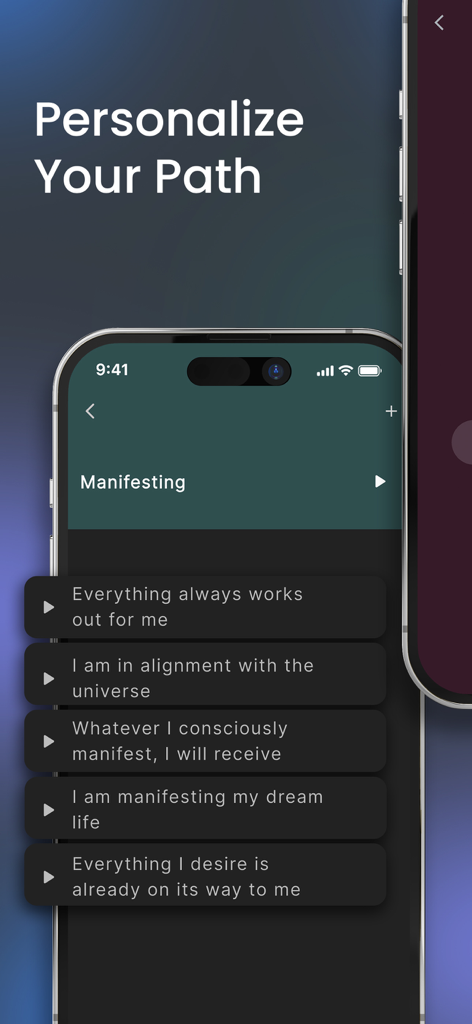 Uma interface de smartphone do aplicativo The Promise mostrando uma lista de afirmações de manifestação personalizadas sob o título Personalize Seu Caminho.