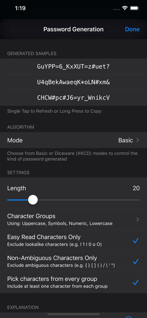 Strongbox Proのパスワード生成インターフェイス。長さと文字グループの設定が表示されています。