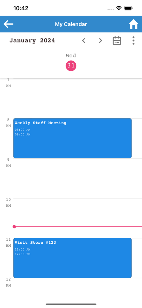 Pulsar for Salesforce - Una vista de calendario diario en la aplicación Pulsar for Salesforce que muestra una reunión de personal y una visita a la tienda programadas para el 31 de enero.