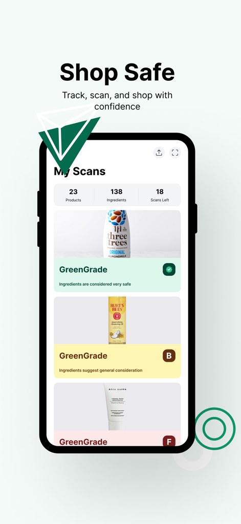 GreenCheck Ingredient Scanner - GreenCheck app interface displaying a scan history with personalized safety grades for food and beauty products.