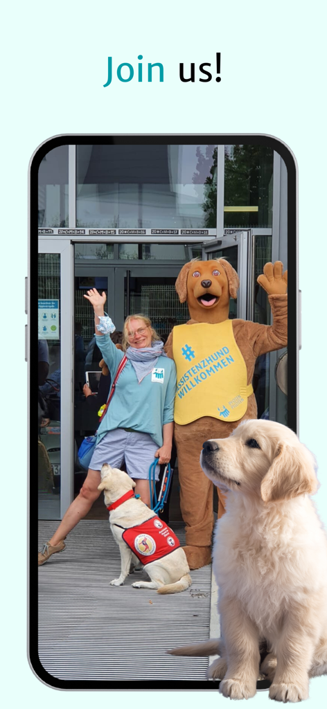 A woman with her service dog and a dog mascot promoting assistance dog welcoming