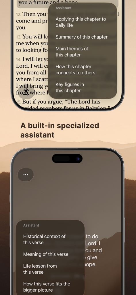 Interface d'application mobile affichant un assistant IA spécialisé avec des options pour l'analyse des versets bibliques, le contexte historique et l'application dans la vie quotidienne.