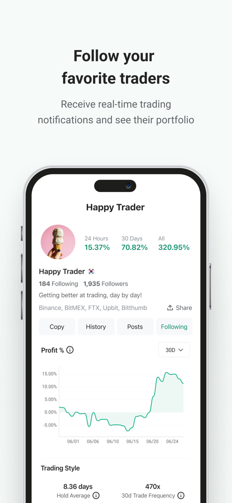 League of Traders - League of Traders app interface showing a top trader profile with performance stats, profit growth graph, and social following features
