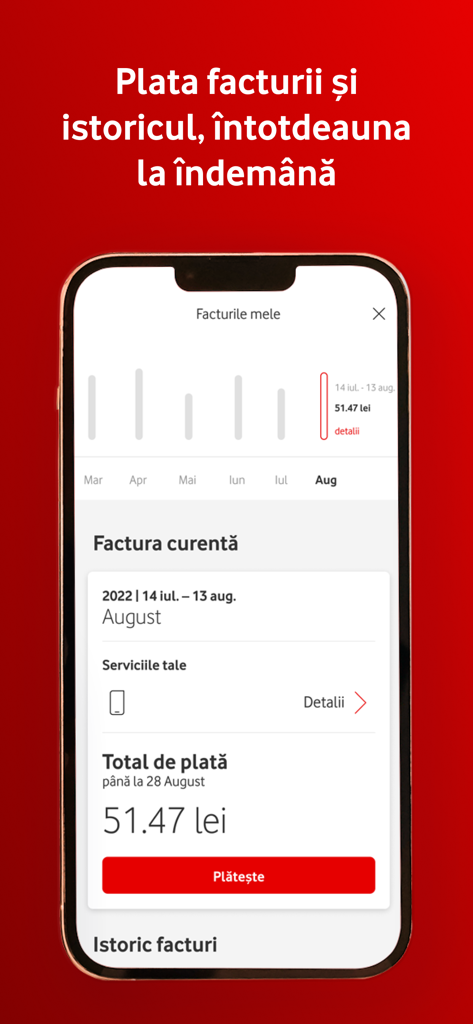 Schermata dell'app My Vodafone Romania che mostra la cronologia dei pagamenti delle bollette e l'importo dovuto corrente con un pulsante rosso 'paga'.