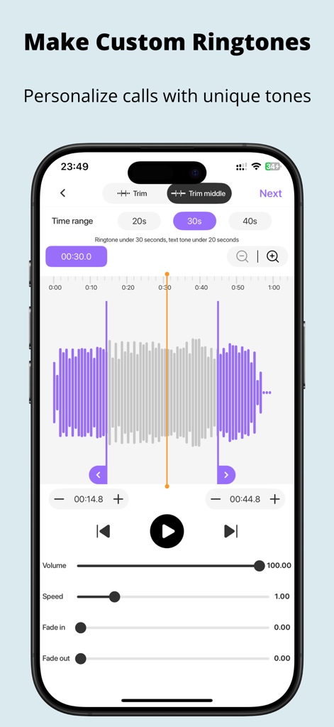MP3 Cutter: Music Trim & Maker - 사용자 지정 벨소리를 만들기 위한 오디오 파형 편집 도구를 보여주는 iPhone의 MP3 커터 앱 인터페이스