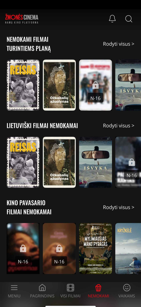 Screenshot of the Zmones Cinema app showing various movie categories and posters.