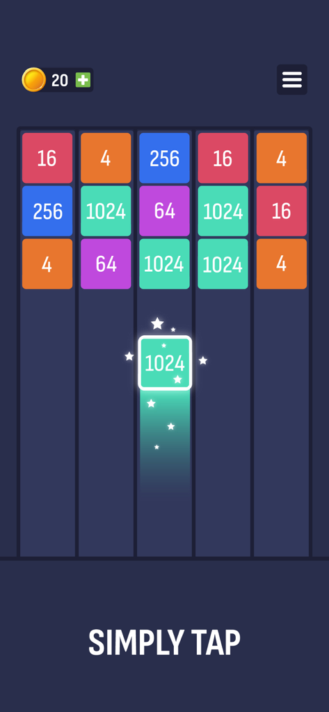 Una captura de pantalla de la jugabilidad móvil de X2 Puzzle que muestra una cuadrícula de fichas de números de colores y la instrucción de simplemente tocar.
