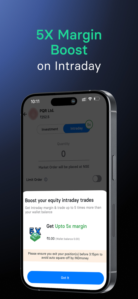 INDmoney: Stocks, Mutual Fund - INDmoneyアプリ画面。デイトレード向けの5倍マージンブーストを表示