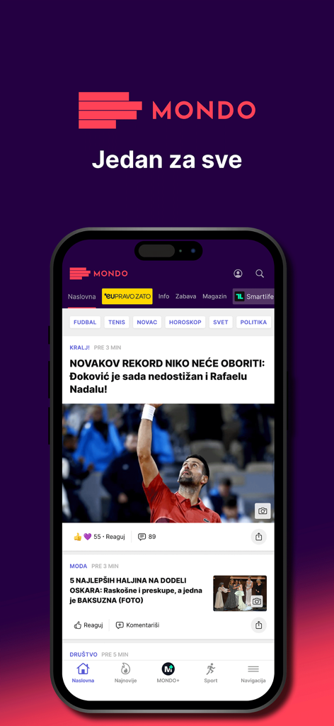 Mondo - Mondo news app mobile interface displaying Serbian headlines and sports updates