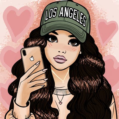realistic beautiful girl wearing los ángeles cap holding an iphone