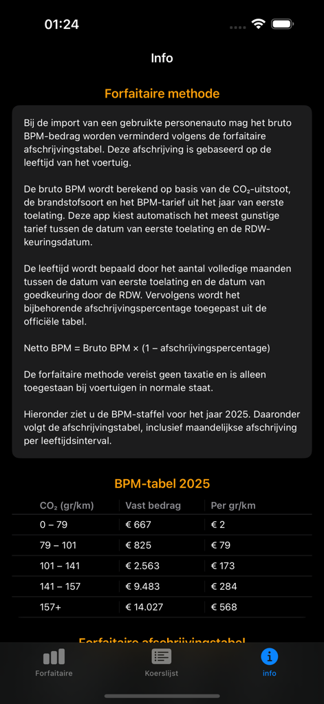Página de información de la aplicación de cálculo de BPM que muestra la tabla de impuestos de automóviles de 2025 basada en las emisiones de CO2