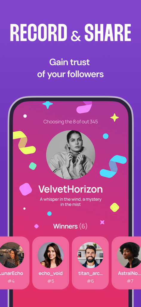 Giveaway Picker - Random Draw - Screenshot of Giveaway Picker app showing a winner selection screen with a Record and Share feature to gain follower trust.