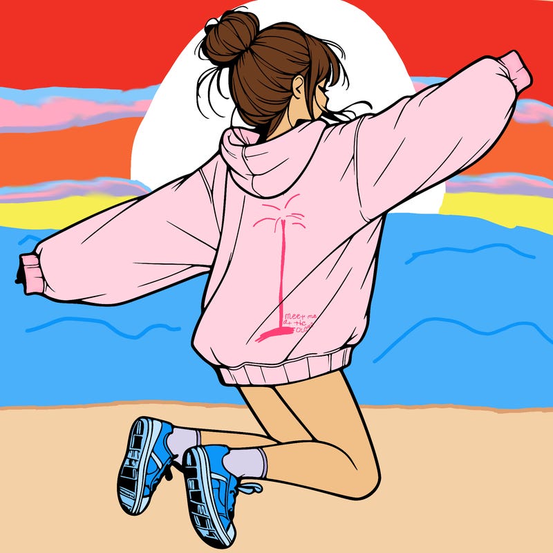 realistic girl jumping with a bun and oversized sweatshirt