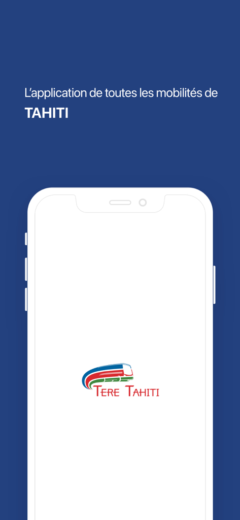 Splash screen of the Tere Tahiti Mobilites app featuring its logo inside a smartphone frame on a blue background