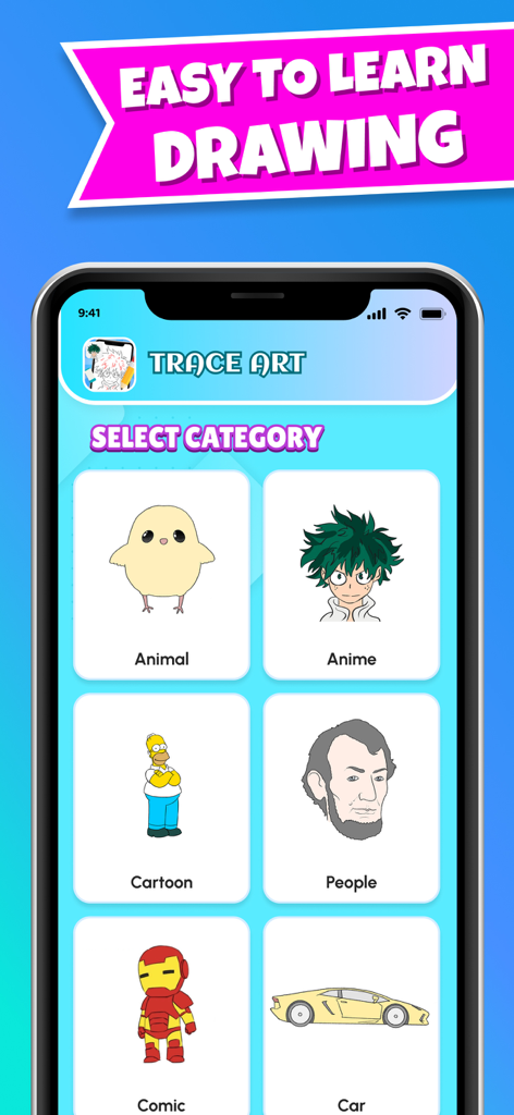 TraceArt: Learn How To Draw - Pantalla de la aplicación TraceArt que muestra varias categorías de dibujo como Anime y Dibujos Animados