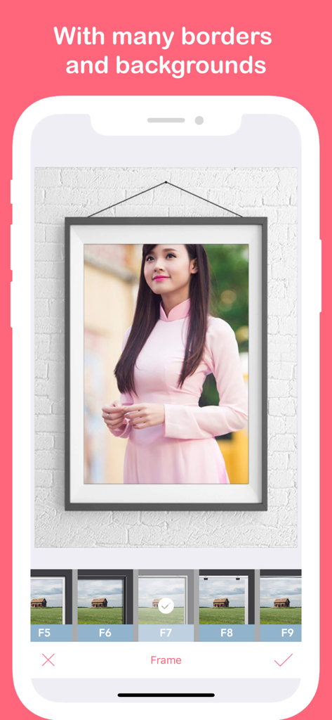 Camera Beauty 360 - Selfie Cam - Camera Beauty 360 app interface showing photo frame and background options for a selfie