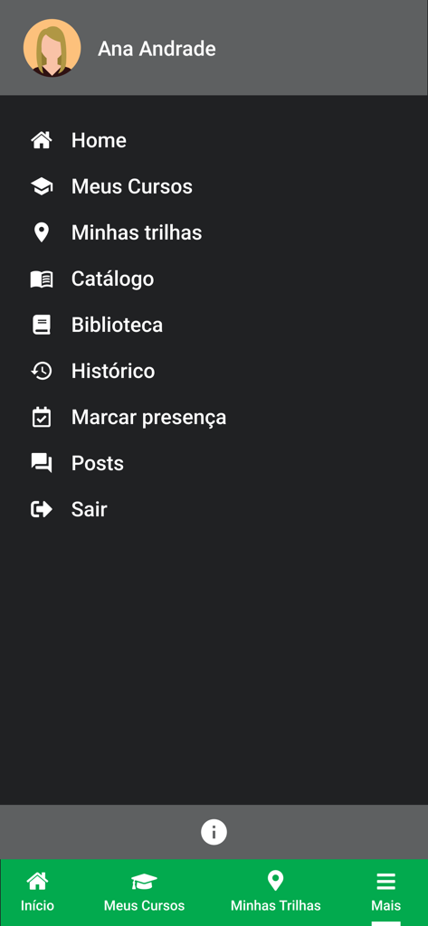 Portal do Conhecimento - Portal do Conhecimento app navigation menu showing course and catalog options for user Ana Andrade