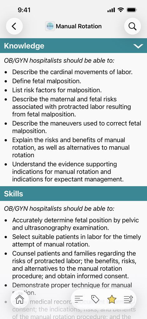 SOGH: OB/GYN Resource Center - Pantalla de la aplicación SOGH que muestra las competencias de conocimiento y habilidades para la rotación manual en obstetricia