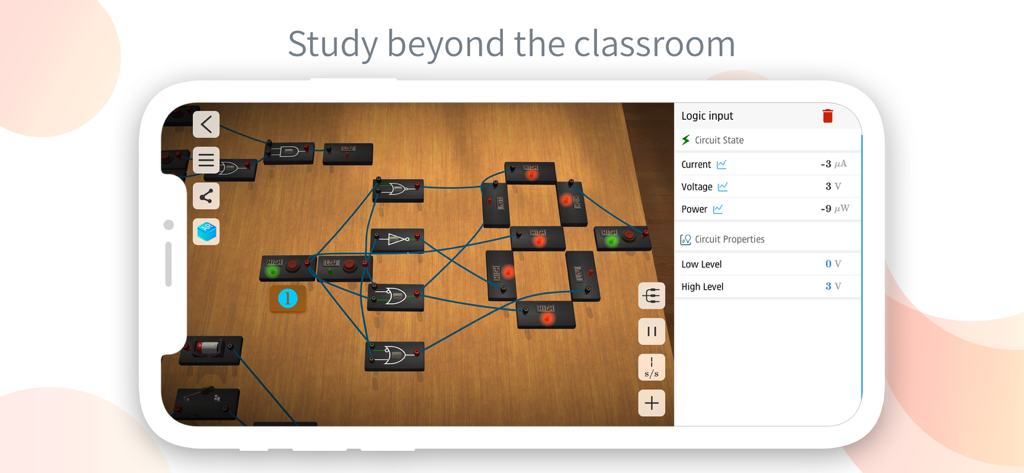 Physics Lab AR - Smartphone screen showing a virtual logic gate circuit simulation with real time voltage and current data