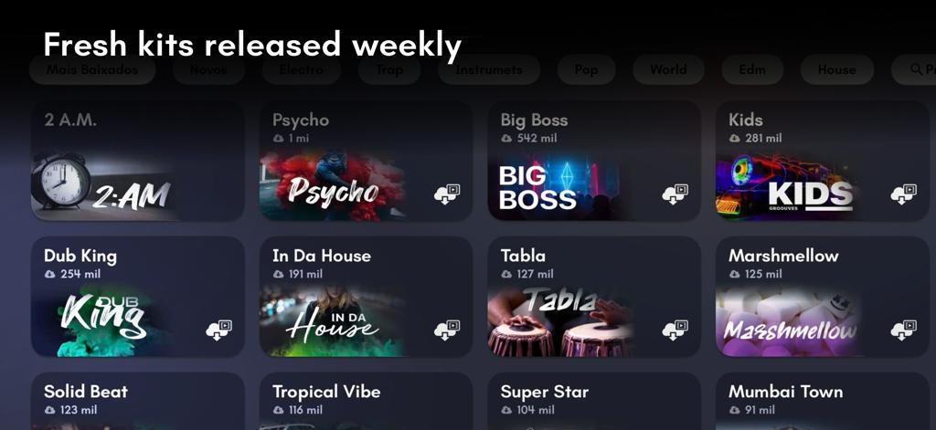 Real Pads: DJ electro drums - A library of diverse music sound kits in the Real Pads app featuring genres like EDM and Hip Hop