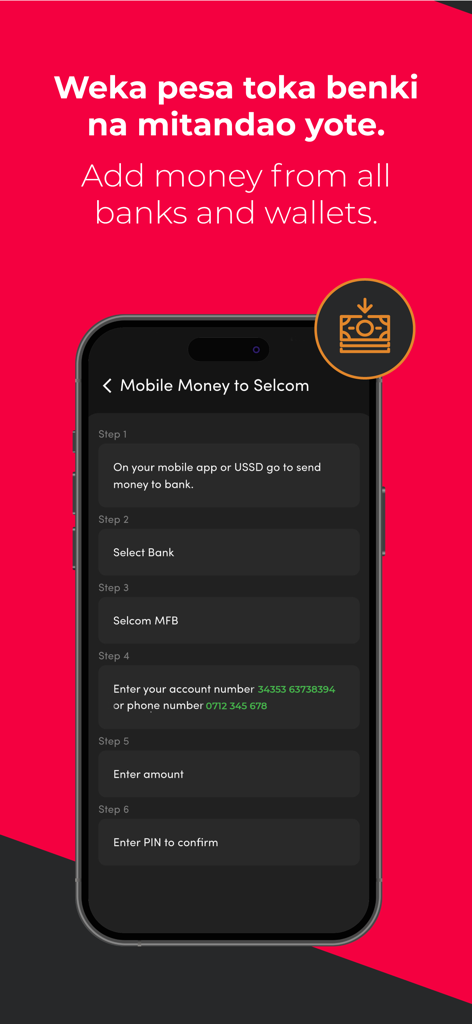 Selcom Pesa - Selcom Pesa mobile app interface showing a six step guide to add money from banks and mobile wallets