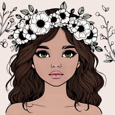 beautiful realistic girl with freckles and a flower crown