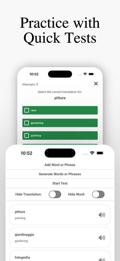 ItalicoAI screen showing Italian vocabulary practice with quick tests and translation exercises.